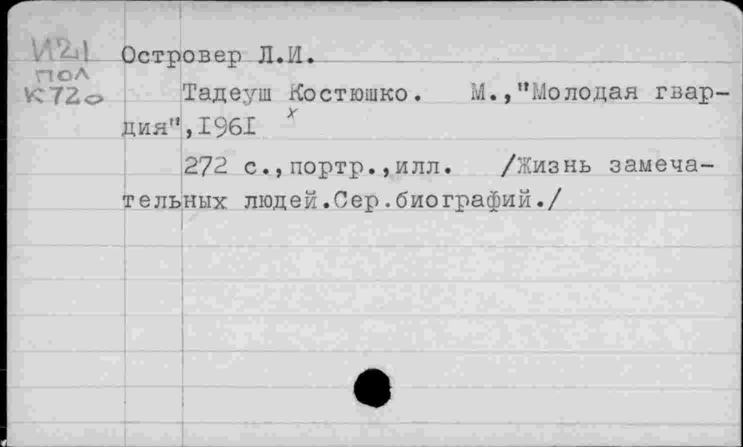 ﻿.		1	Остров ер ЛтИ*	 .	
пол	
<С72о	Тадеуш Жостюшко. М.,’’Молодая гвар-
	ция",1961 *
	272 с., портр.,илл. /Жизнь замеча-
	гельных людей.Сер.биографий./
	1
	
	
	
	
	1